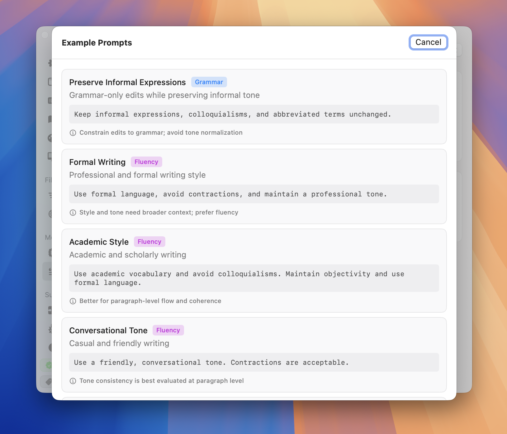 Custom instructions screenshot